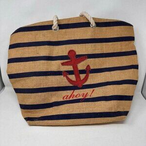 Large Beach Bag Ahoy Jute Nautical Tote with Cotton Rope Handles - 23x17x9